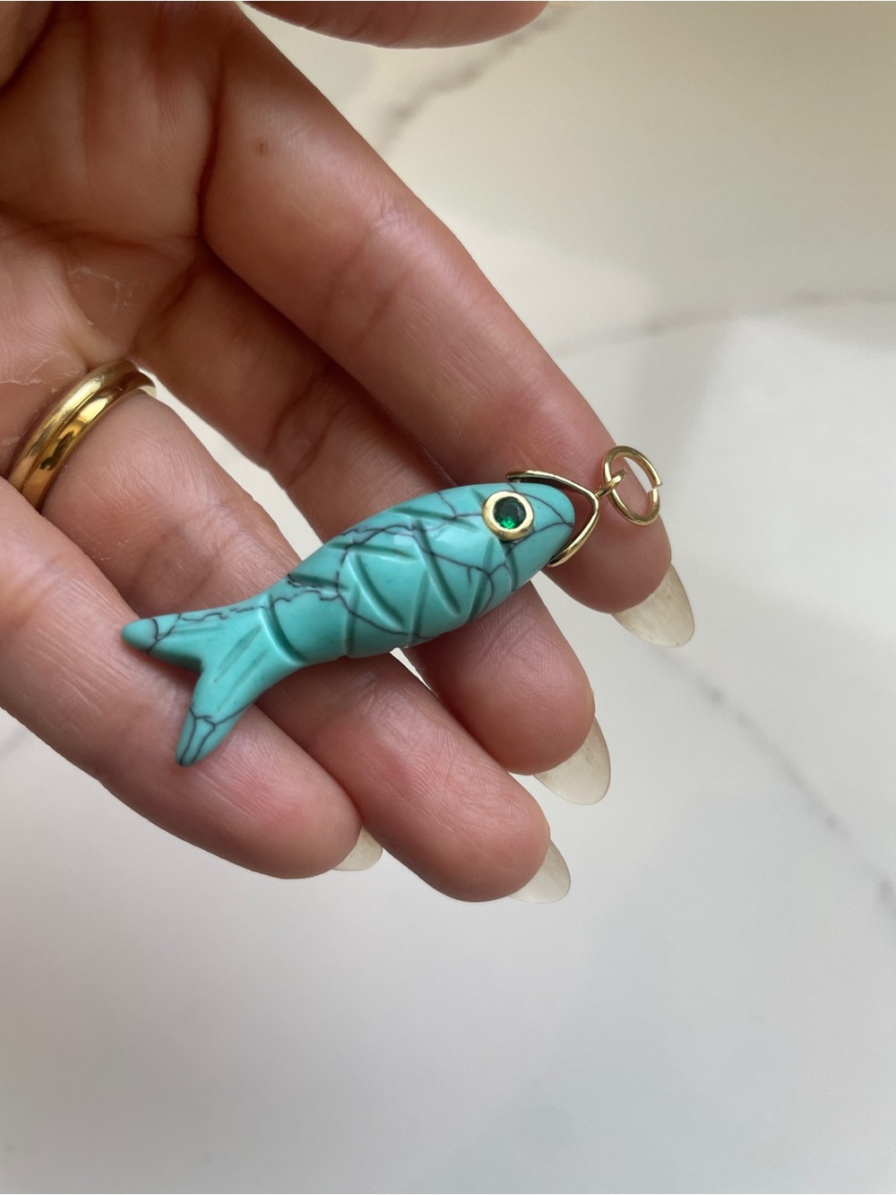 Hand-Carved Turquoise Fish Pendant Charm w/ Green Zircon Eye, 18K Gold Plated